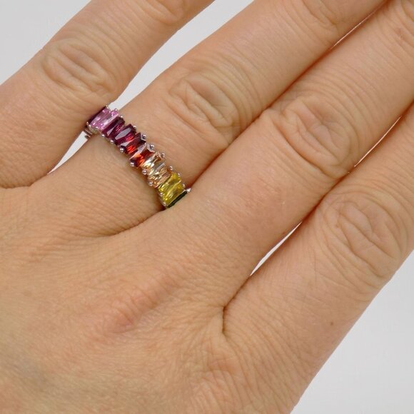 new chunky baguette ring eternity band emerald cut gemstones rainbow multi color - Picture 4 of 8